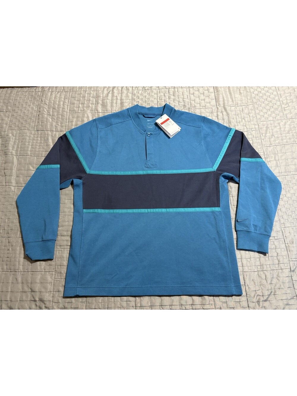 Nike Dri-Fit Long Sleeve Henley Golf Rugby Shirt Men’s L Blue Colorblock